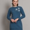 Women’s teal blue winter knitted sweater dress with long sleeves, scalloped hem, and floral appliqué detail