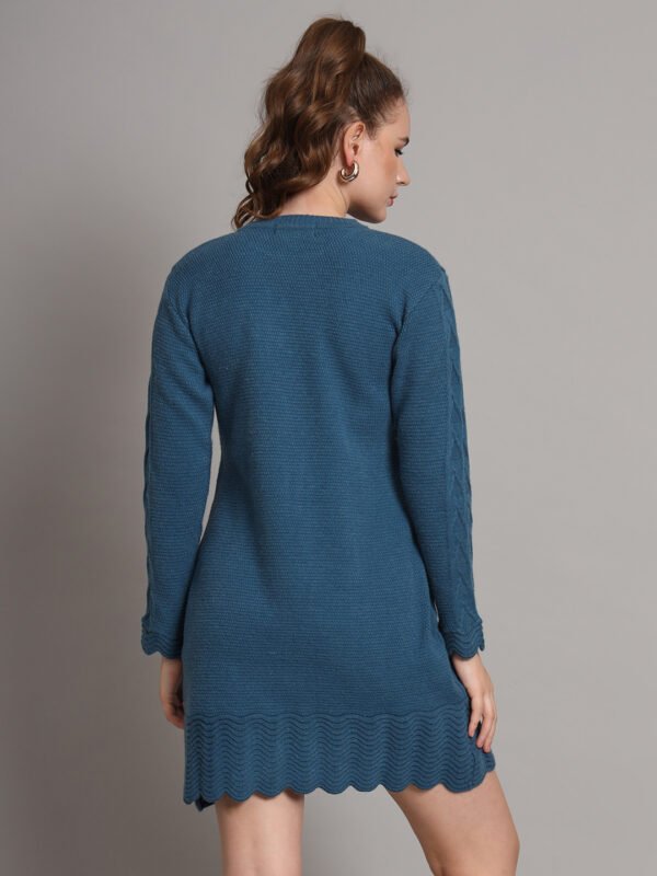Women's Teal Blue Knitted Jumper Dress with Floral Appliqué – Winter Wear