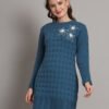Women's Teal Blue Knitted Jumper Dress with Floral Appliqué – Winter Wear