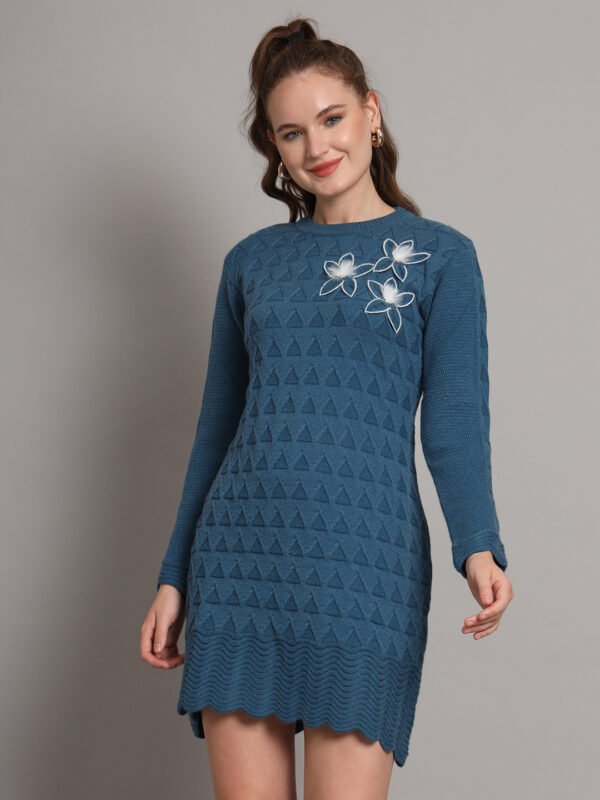 Women's Teal Blue Knitted Jumper Dress with Floral Appliqué – Winter Wear