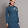 Women's Teal Blue Knitted Jumper Dress with Floral Appliqué – Winter Wear