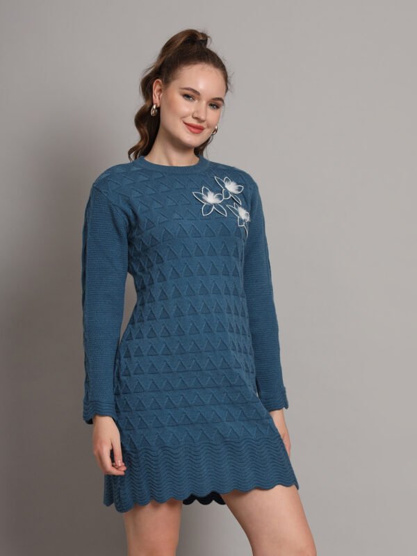 Women's Teal Blue Knitted Jumper Dress with Floral Appliqué – Winter Wear