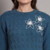 Women's Teal Blue Knitted Jumper Dress with Floral Appliqué – Winter Wear
