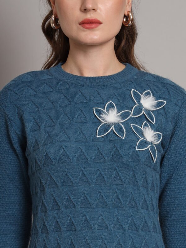 Women's Teal Blue Knitted Jumper Dress with Floral Appliqué – Winter Wear