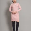 Women's pink knitted sweater dress with floral appliqué and scalloped hem – winter jumper