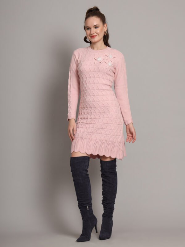 Women's Pink Knitted Sweater Dress with Floral Appliqué & Scallop Hem – Winter Jumper