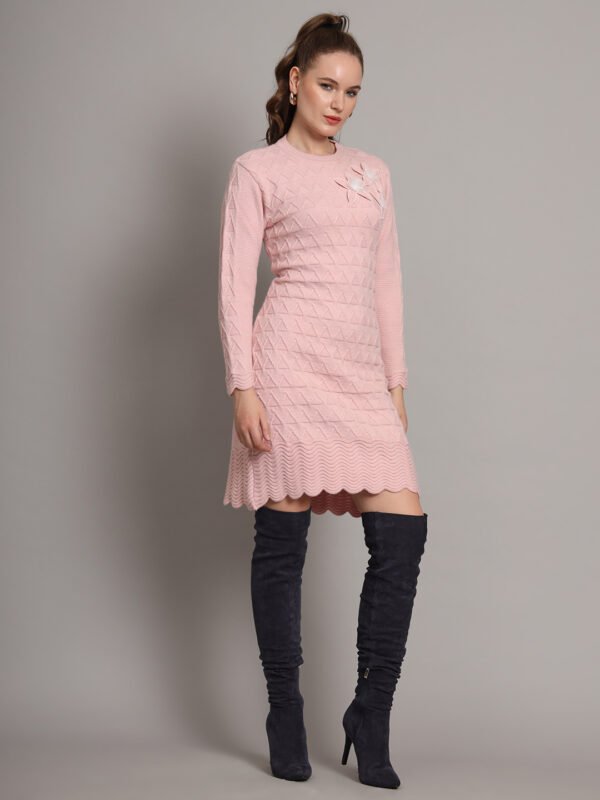 Women's Pink Knitted Sweater Dress with Floral Appliqué & Scallop Hem – Winter Jumper
