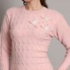Women's Pink Knitted Sweater Dress with Floral Appliqué & Scallop Hem – Winter Jumper