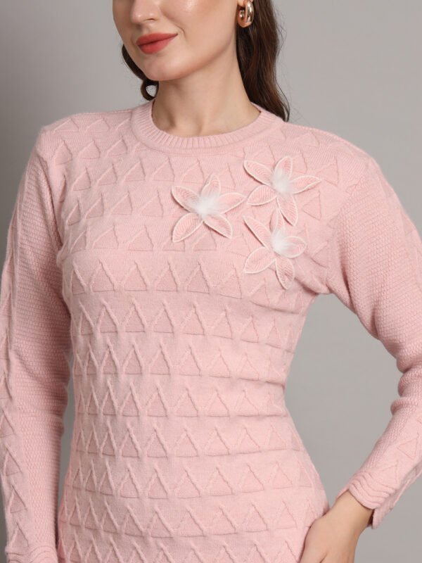 Women's Pink Knitted Sweater Dress with Floral Appliqué & Scallop Hem – Winter Jumper