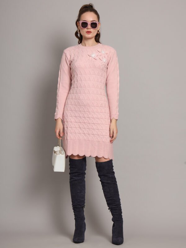 Women's Pink Knitted Sweater Dress with Floral Appliqué & Scallop Hem – Winter Jumper