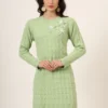 Women's green knitted sweater dress with floral appliqué and scalloped hem – winter jumper