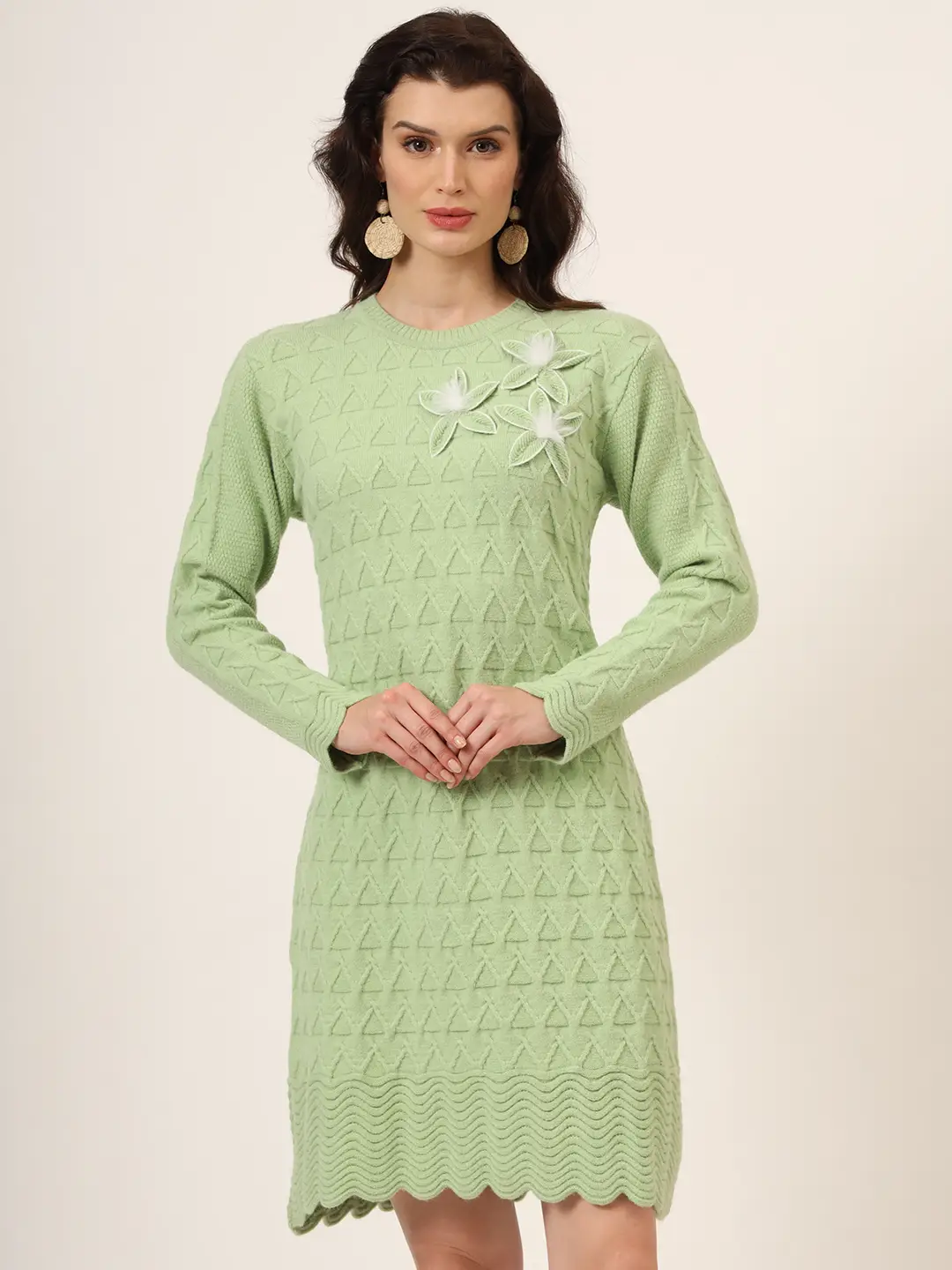 Women's green knitted sweater dress with floral appliqué and scalloped hem – winter jumper