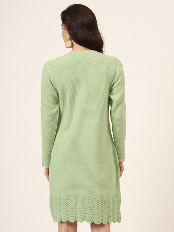 Women's Green Knitted Sweater Dress with Floral Appliqué & Scallop Hem – Winter Jumper