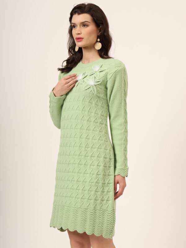 Women's Green Knitted Sweater Dress with Floral Appliqué & Scallop Hem – Winter Jumper