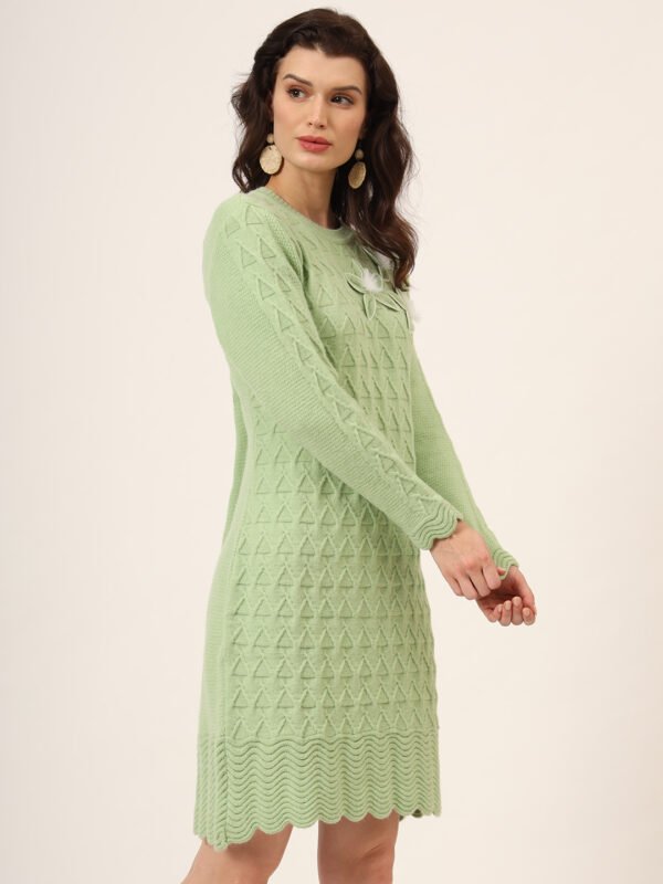 Women's Green Knitted Sweater Dress with Floral Appliqué & Scallop Hem – Winter Jumper
