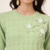 Women's Green Knitted Sweater Dress with Floral Appliqué & Scallop Hem – Winter Jumper