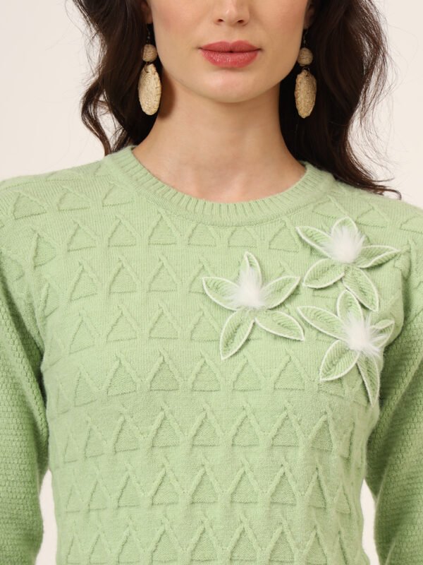 Women's Green Knitted Sweater Dress with Floral Appliqué & Scallop Hem – Winter Jumper