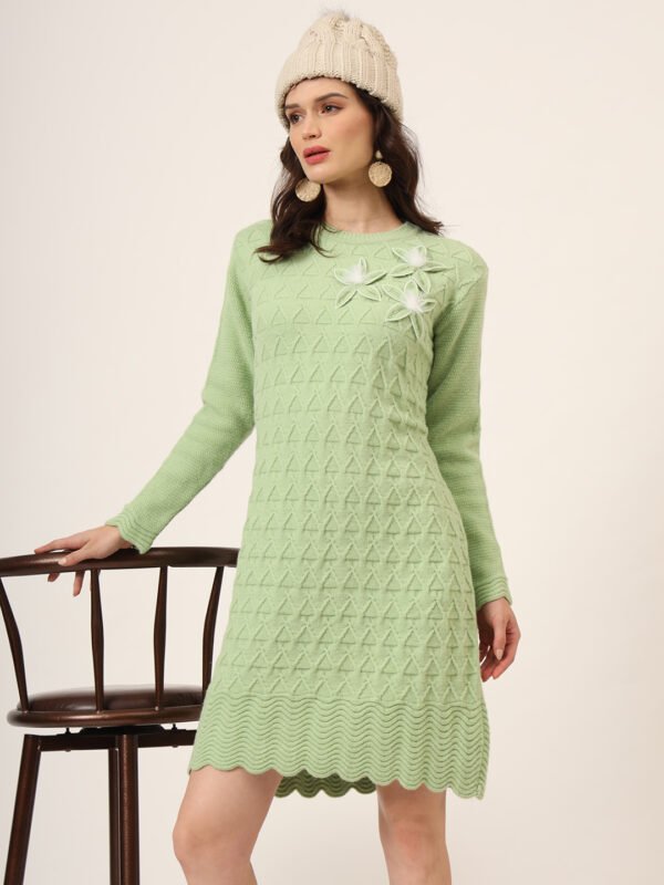 Women's Green Knitted Sweater Dress with Floral Appliqué & Scallop Hem – Winter Jumper