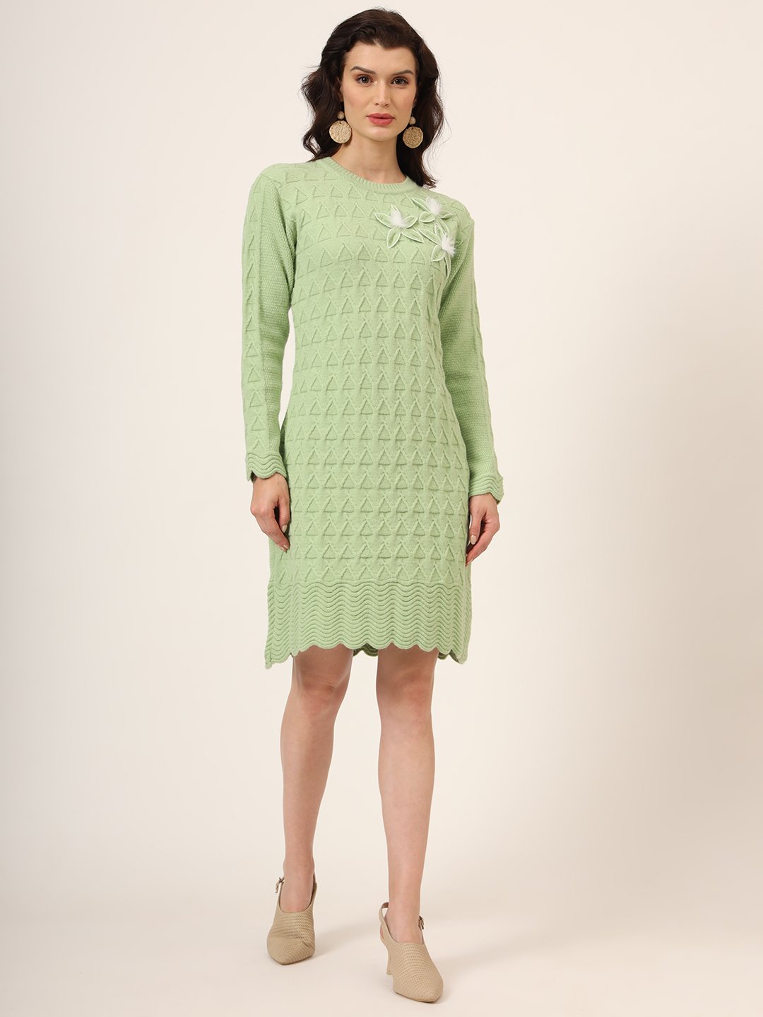 Women's Green Knitted Sweater Dress with Floral Appliqu & Scallop Hem   Winter Jumper - modkline.com