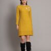 Women's mustard knitted sweater dress with floral appliqué and scalloped hem – winter jumper