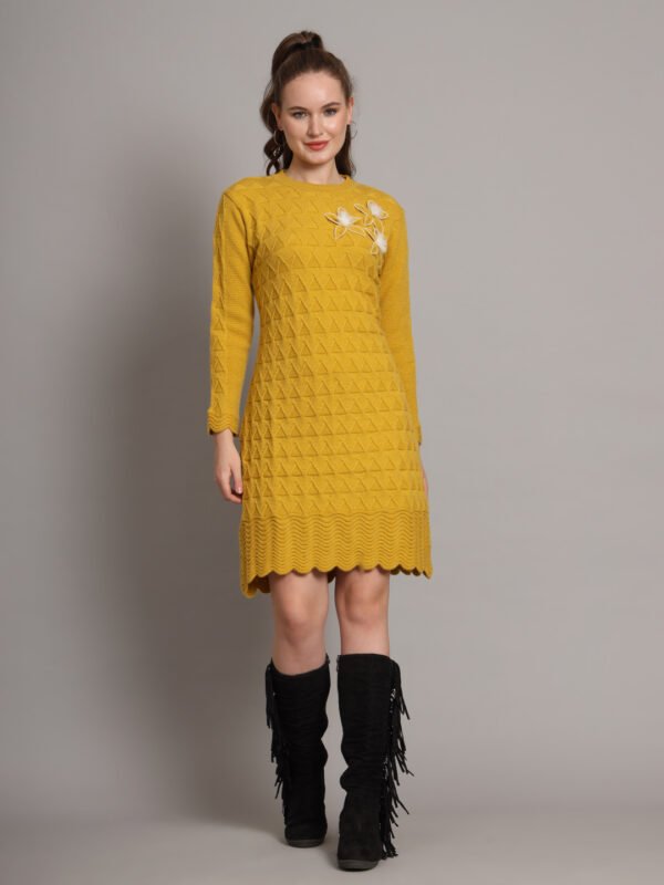 Women's mustard knitted sweater dress with floral appliqué and scalloped hem – winter jumper