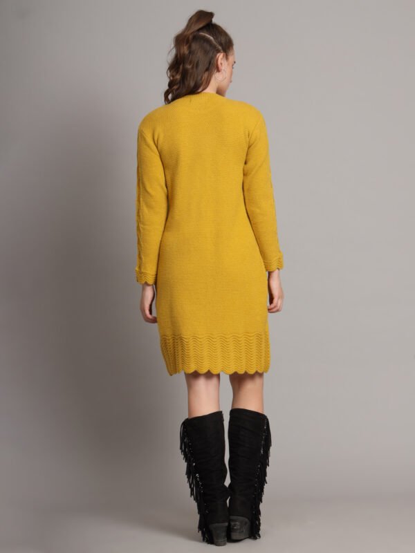 Women's Mustard Knitted Sweater Dress with Floral Appliqué & Scallop Hem – Winter Jumper