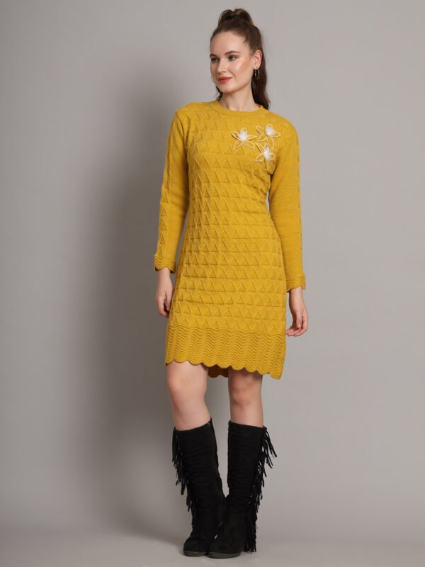 Women's Mustard Knitted Sweater Dress with Floral Appliqué & Scallop Hem – Winter Jumper