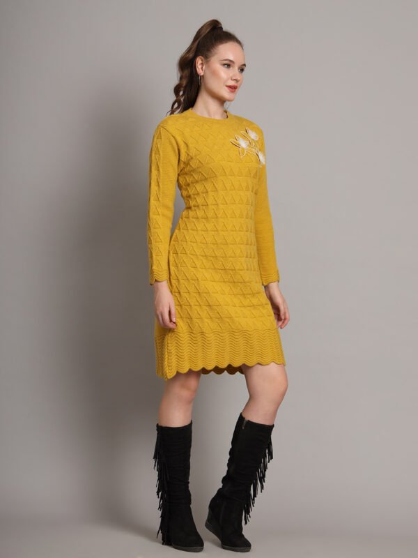 Women's Mustard Knitted Sweater Dress with Floral Appliqué & Scallop Hem – Winter Jumper