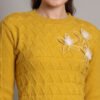 Women's Mustard Knitted Sweater Dress with Floral Appliqué & Scallop Hem – Winter Jumper