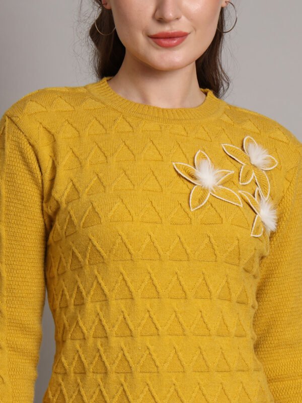 Women's Mustard Knitted Sweater Dress with Floral Appliqué & Scallop Hem – Winter Jumper