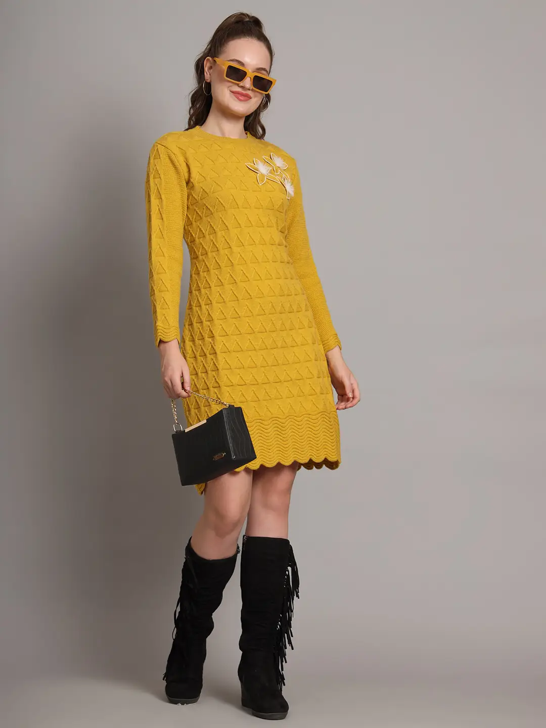 Women's mustard knitted sweater dress with floral appliqué and scalloped hem – winter jumper