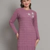 Women’s mauve purple winter knitted jumper dress with long sleeves, scalloped hem, and floral appliqué detail