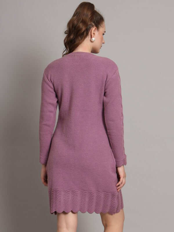 Women's Mauve Purple Winter Knitted Jumper Dress with Long Sleeves, Scalloped Hem & Floral Appliqué