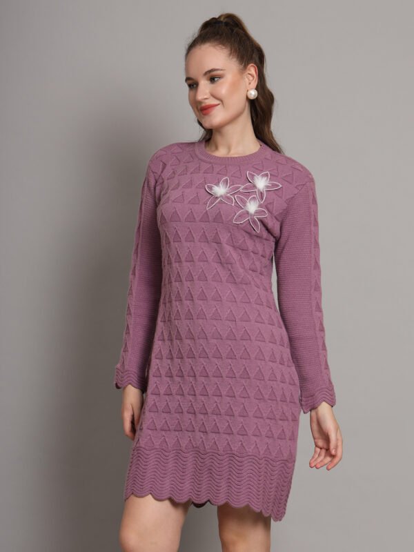 Women's Mauve Purple Winter Knitted Jumper Dress with Long Sleeves, Scalloped Hem & Floral Appliqué
