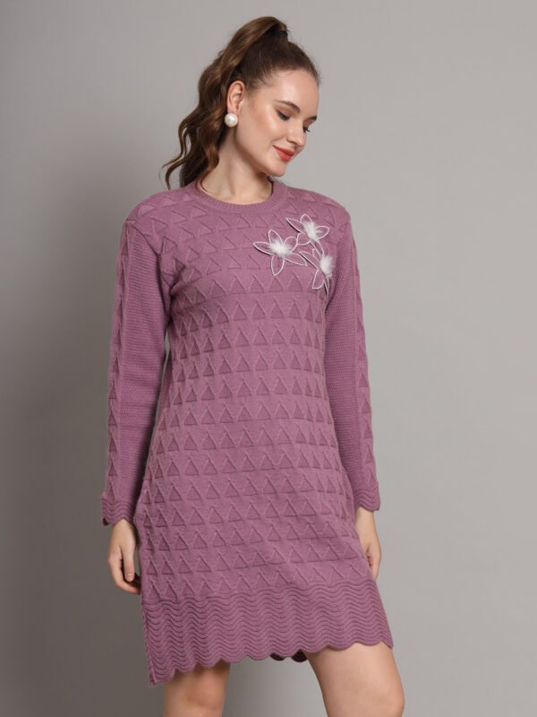 Women's Mauve Purple Winter Knitted Jumper Dress with Long Sleeves, Scalloped Hem & Floral Appliqué