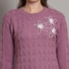 Women's Mauve Purple Winter Knitted Jumper Dress with Long Sleeves, Scalloped Hem & Floral Appliqué