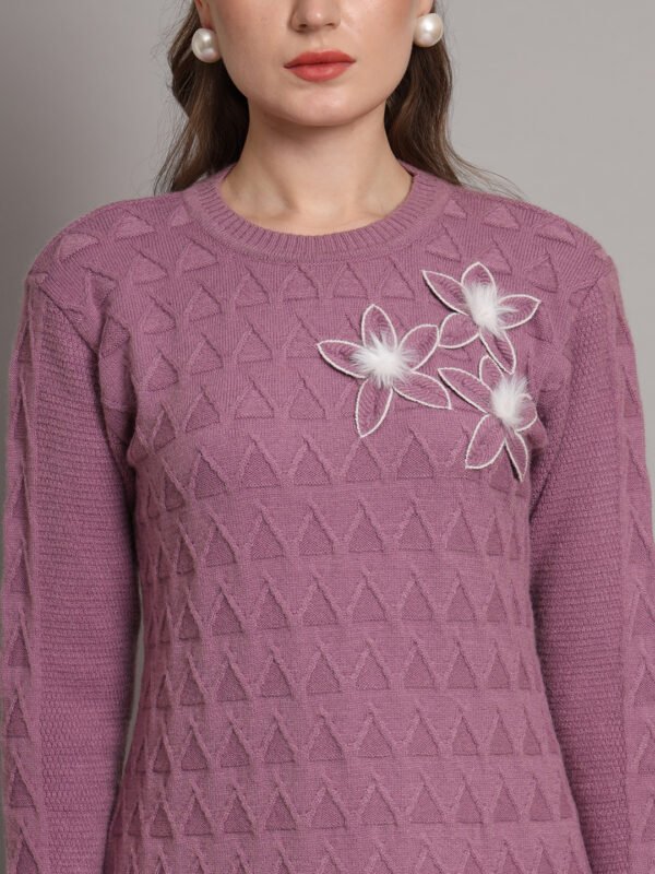 Women's Mauve Purple Winter Knitted Jumper Dress with Long Sleeves, Scalloped Hem & Floral Appliqué