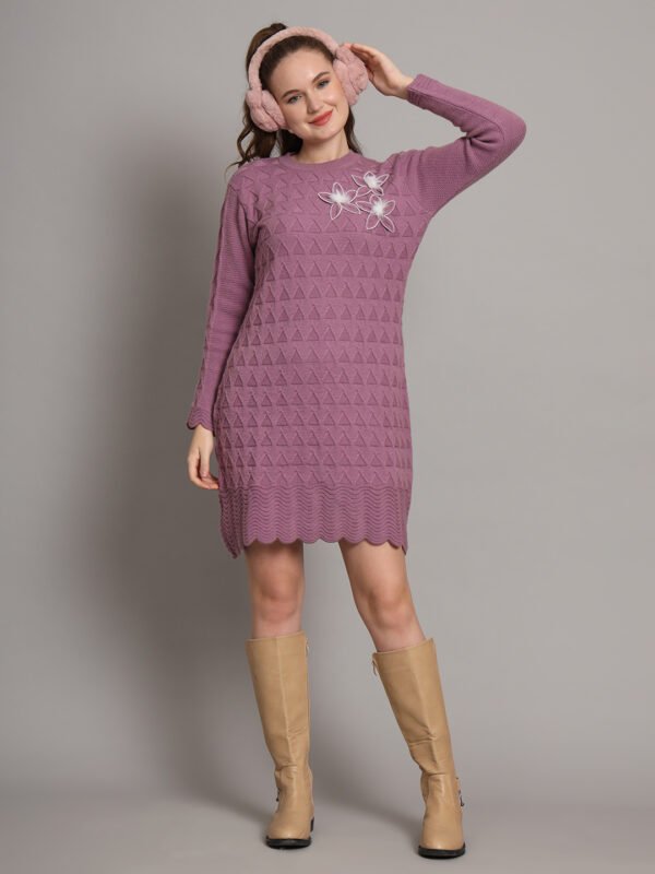 Women's Mauve Purple Winter Knitted Jumper Dress with Long Sleeves, Scalloped Hem & Floral Appliqué