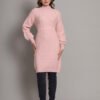 Women's Light Peach Winter Knitted Jumper Dress with High Neck & Balloon Sleeves