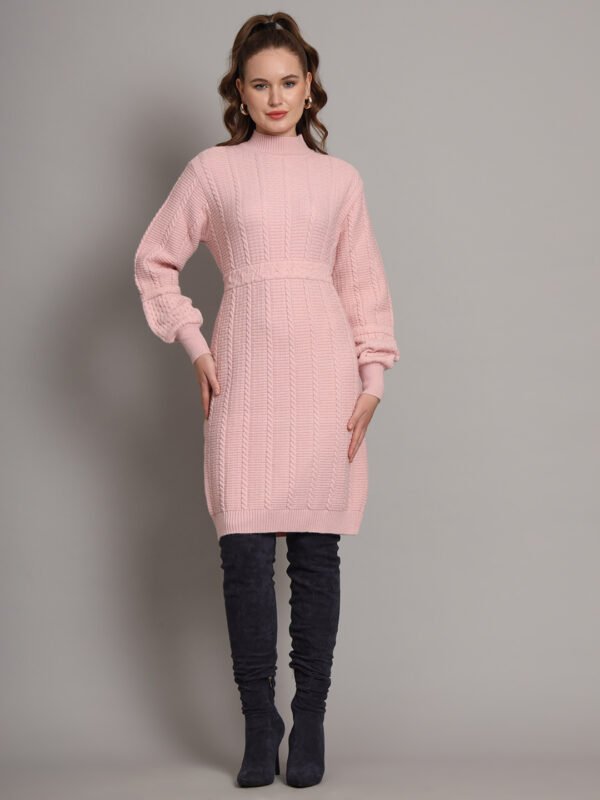 Women's Light Peach Winter Knitted Jumper Dress with High Neck & Balloon Sleeves