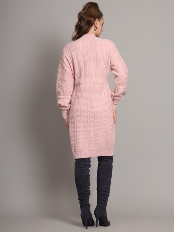 Women's Light Peach Winter Knitted Jumper Dress with High Neck & Balloon Sleeves