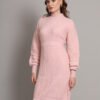 Women's Light Peach Winter Knitted Jumper Dress with High Neck & Balloon Sleeves