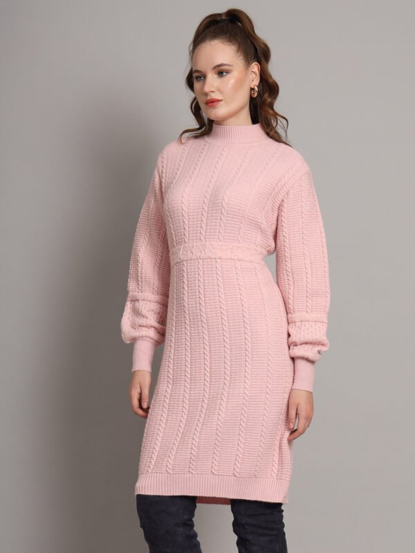 Women's Light Peach Winter Knitted Jumper Dress with High Neck & Balloon Sleeves