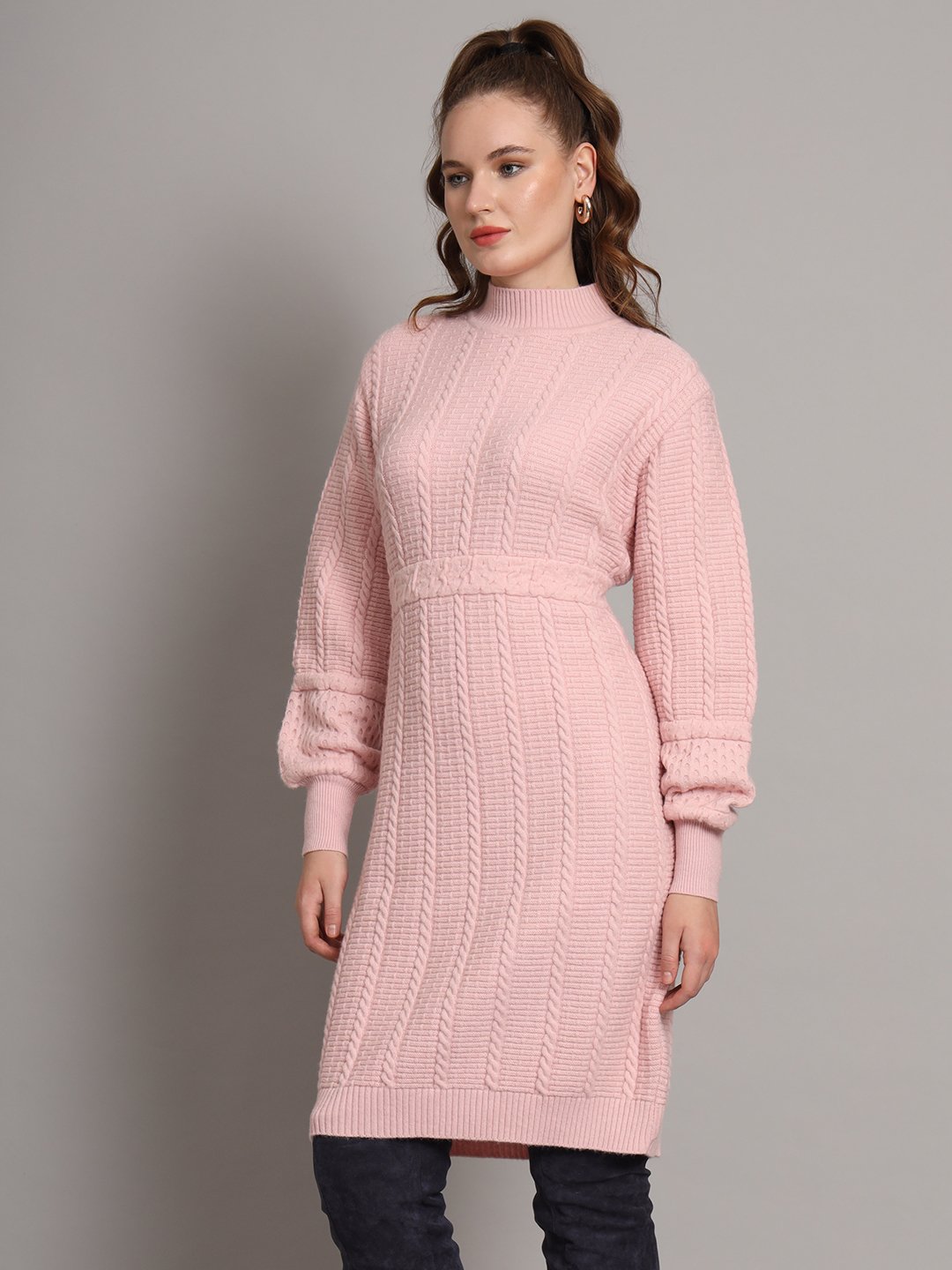 Women's Light Peach Winter Knitted Jumper Dress with High Neck & Balloon  Sleeves - modkline.com