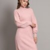 Women's light peach cable-knit winter jumper dress with high neck and balloon sleeves – cozy stylish knitwear