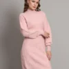 Women's light peach cable-knit winter jumper dress with high neck and balloon sleeves – cozy stylish knitwear