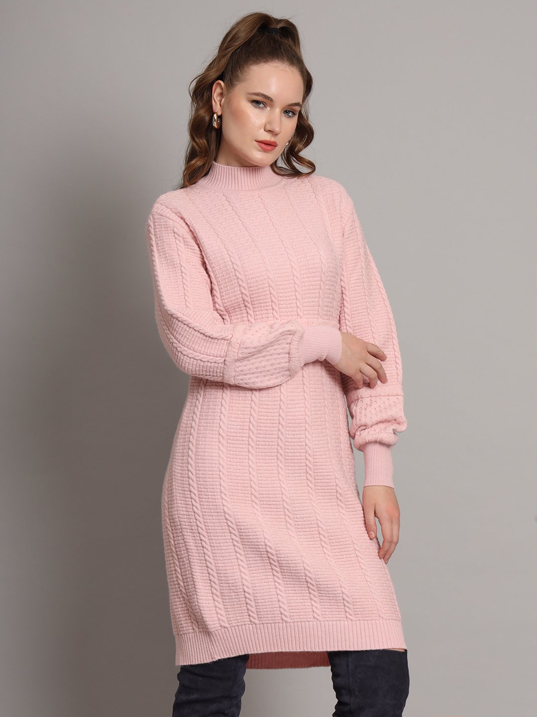 Women's light peach cable-knit winter jumper dress with high neck and balloon sleeves – cozy stylish knitwear