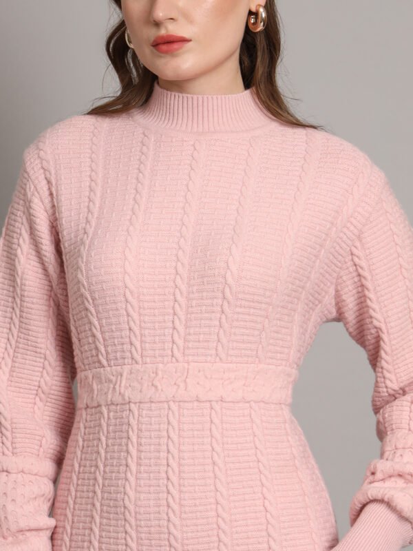 Women's Light Peach Winter Knitted Jumper Dress with High Neck & Balloon Sleeves