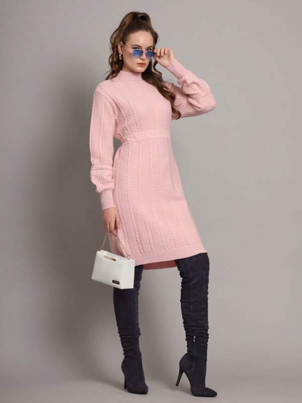 Women's Light Peach Winter Knitted Jumper Dress with High Neck & Balloon Sleeves