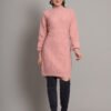 Women's pink cable-knit winter jumper dress with high neck and balloon sleeves